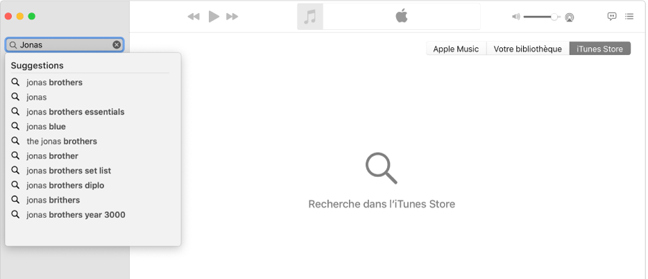La fenêtre de Musique qui affiche iTunes Store sélectionné dans le coin supérieur droit avec « Jonas » inscrit dans le champ de recherche dans le coin supérieur gauche. Les résultats iTunes Store suggérés pour « Jonas » sont affichés dans la liste sous le champ de recherche.