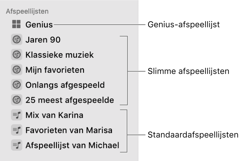 In de navigatiekolom van Muziek zie je de diverse typen afspeellijsten: Genius-, slimme en standaardafspeellijsten.