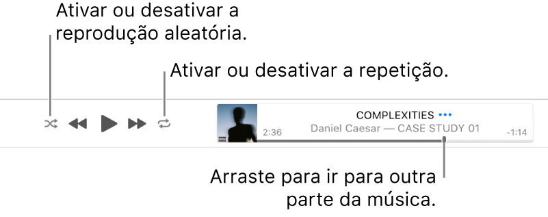 A faixa com uma música em reprodução. O botão “Modo aleatório” encontra-se no canto superior esquerdo e o botão Repetir no canto superior direito. Arraste o nivelador de deslocação para ir para uma parte diferente da música.