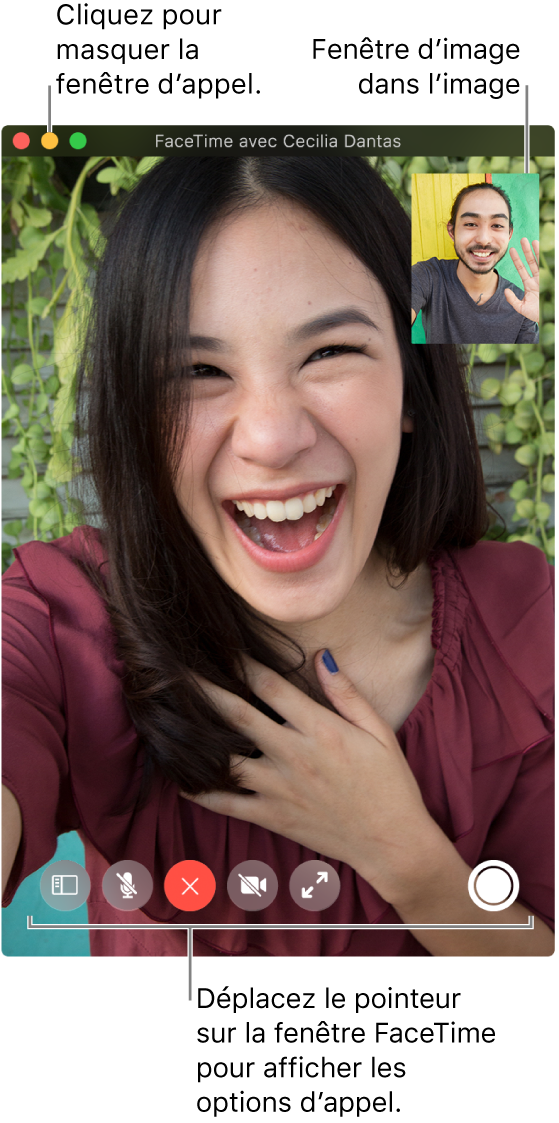 Placez le pointeur sur la fenêtre FaceTime pour afficher des options d’appel, comme les boutons Barre latérale, Couper le micro, Raccrocher, Couper le son de la vidéo, Plein écran et Live Photo. Cliquez sur le bouton du milieu situé dans le coin supérieur gauche pour masquer la fenêtre d’appel. La fenêtre d’image dans l’image apparaît dans le coin supérieur droit.