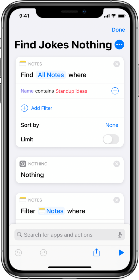 Two Find Music Where actions in the shortcut editor.