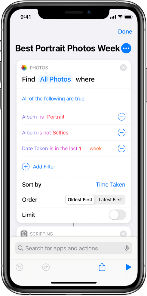 Find Photos Where action in shortcut editor.