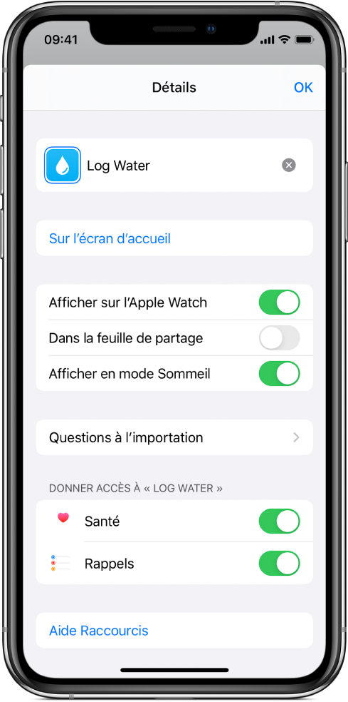 Écran Détails dans l’app Raccourcis montrant l’option « Afficher sur l’Apple Watch ».