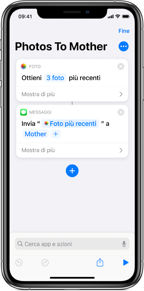 Comando rapido che contiene un'azione “Ottieni le foto più recenti” e un'azione “Invia messaggio”.