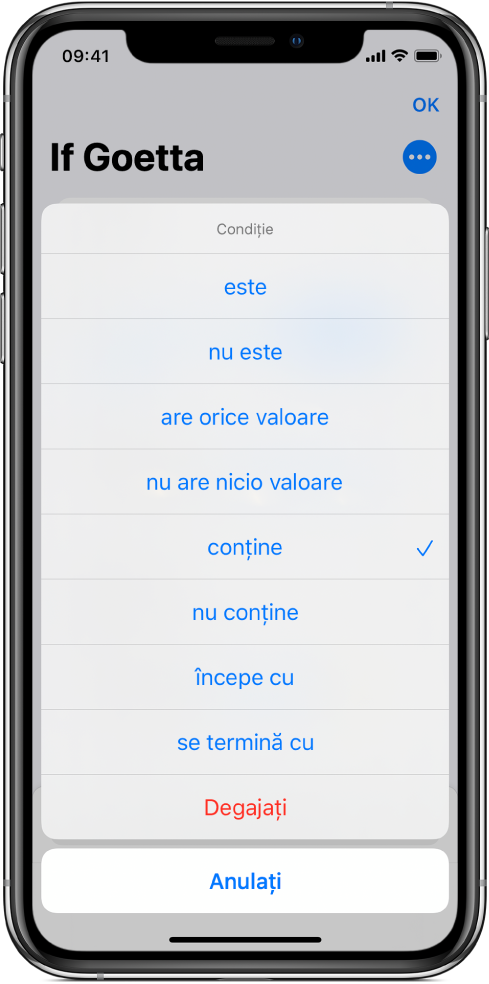 Selectarea unei condiții Intrare în acțiunea Dacă.