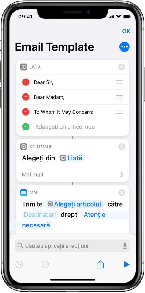 Acțiunea Listă pentru formule de salut.