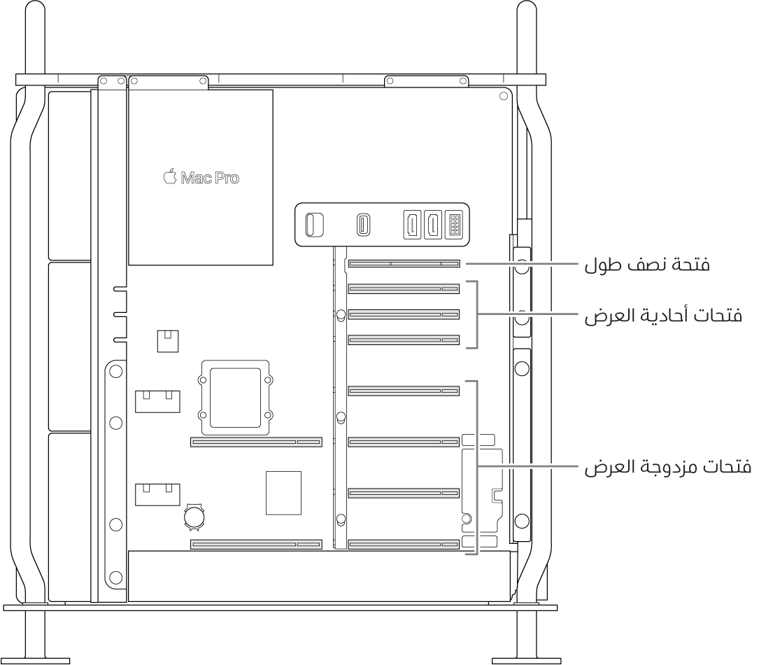 الـ Mac Pro مفتوح من الجانب، مع وسائل شرح توضح أماكن الفتحات مزدوجة العرض والفتحات أحادية العرض والفتحة نصفية الطول.