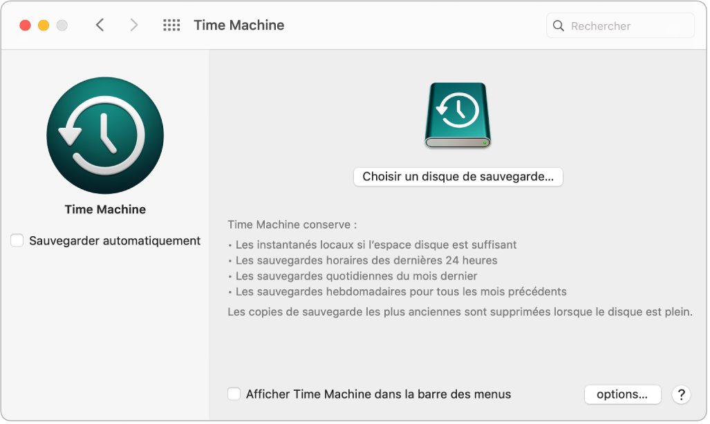 La fenêtre de sauvegarde Time Machine.