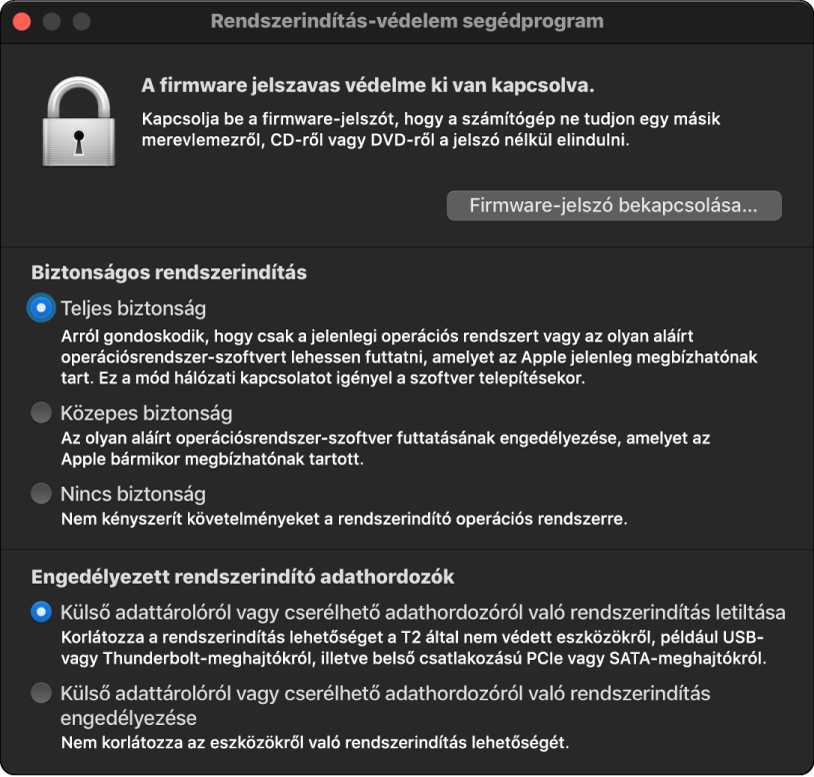 A Rendszerindítás-védelem segédprogram ablak meg van nyitva, amelyben a biztonságos rendszerindítás és a külső rendszerindítás mellett lévő négyzetek be vannak jelölve.