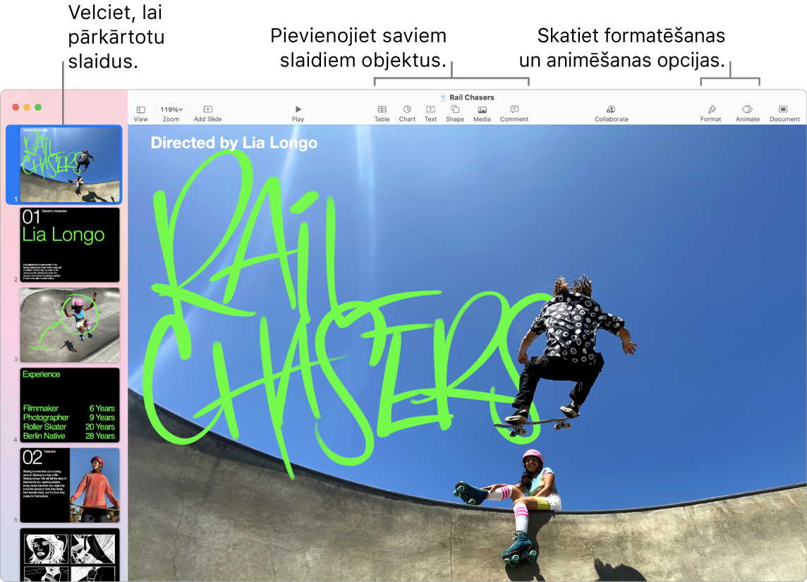 Lietotnes Keynote loga kreisajā malā redzams slaidu navigators un informācija par slaidu pārkārtošanu; rīkjosla un tās rediģēšanas rīki ir loga augšā, poga Collaborate augšējā labajā stūrī un pogas Format, Animate un Document — labajā malā.