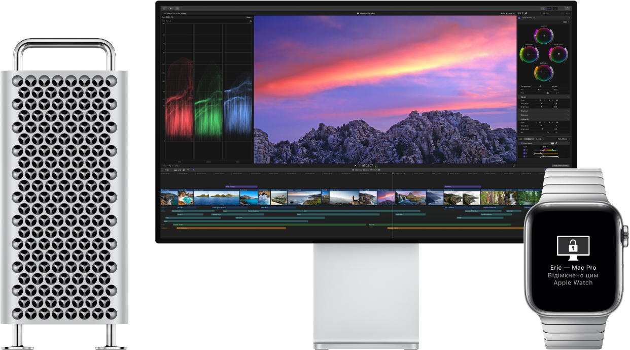 Mac Pro та його дисплей поруч з Apple Watch, на якому показано повідомлення про те, що Mac відімкнуто годинником.