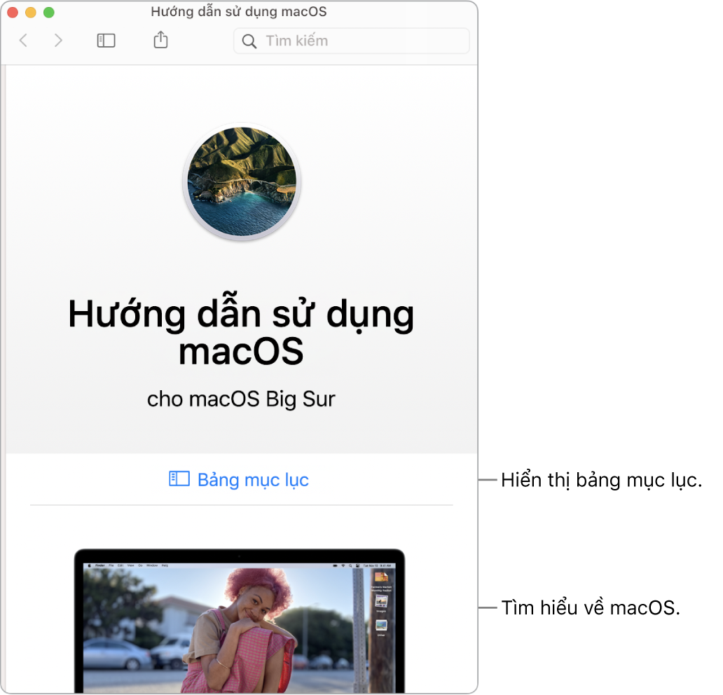 Trang chào mừng Hướng dẫn sử dụng macOS đang hiển thị liên kết Bảng mục lục.
