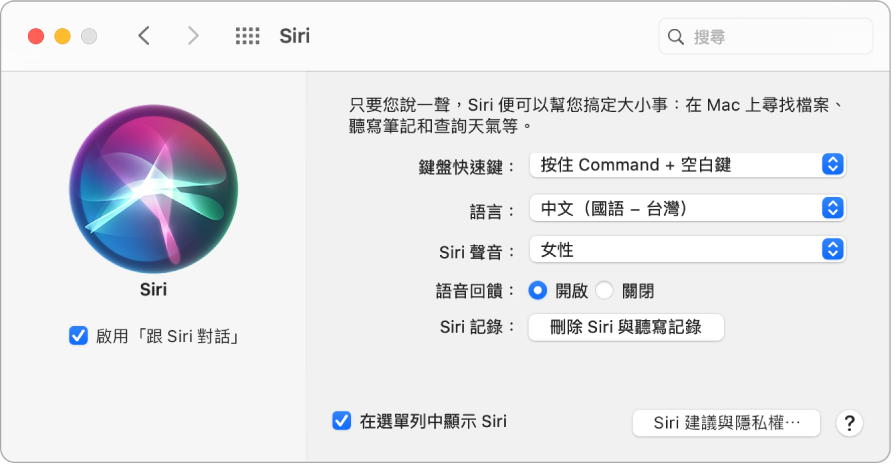 Siri 偏好設定視窗,左側已選擇「啟用跟 Siri 對話」;而右側則是自訂 Siri 的數個選項。