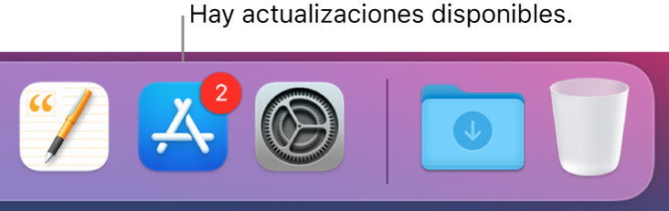 Una parte del Dock mostrando el ícono de App Store con un indicador que muestra que hay actualizaciones disponibles.