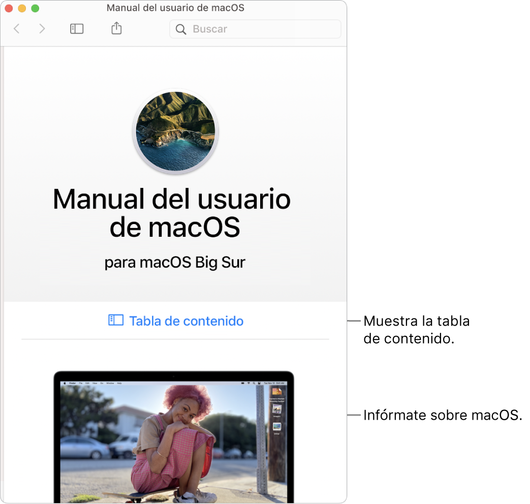 Página de bienvenida del Manual del usuario de macOS con el enlace de la tabla de contenido.