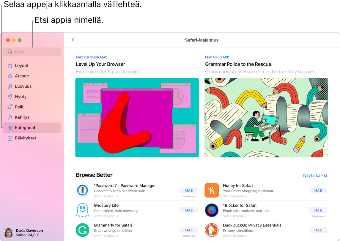 App Store -ikkuna, jossa näkyy hakukenttä ja Safarin laajennusten sivu.
