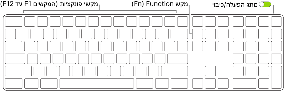 מקלדת Magic Keyboard עם מקש Function (Fn) בפינה השמאלית התחתונה ומתג פעיל/כבוי בקצה הימני העליון.