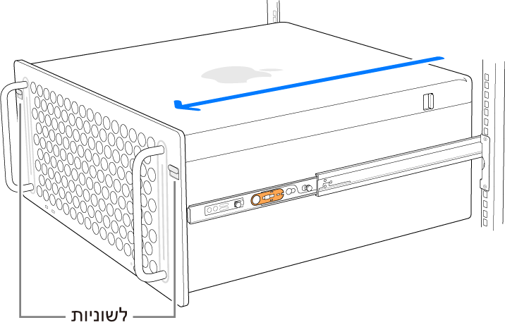 Mac Pro מונח על מסילות המחוברות למערכת מידוף.