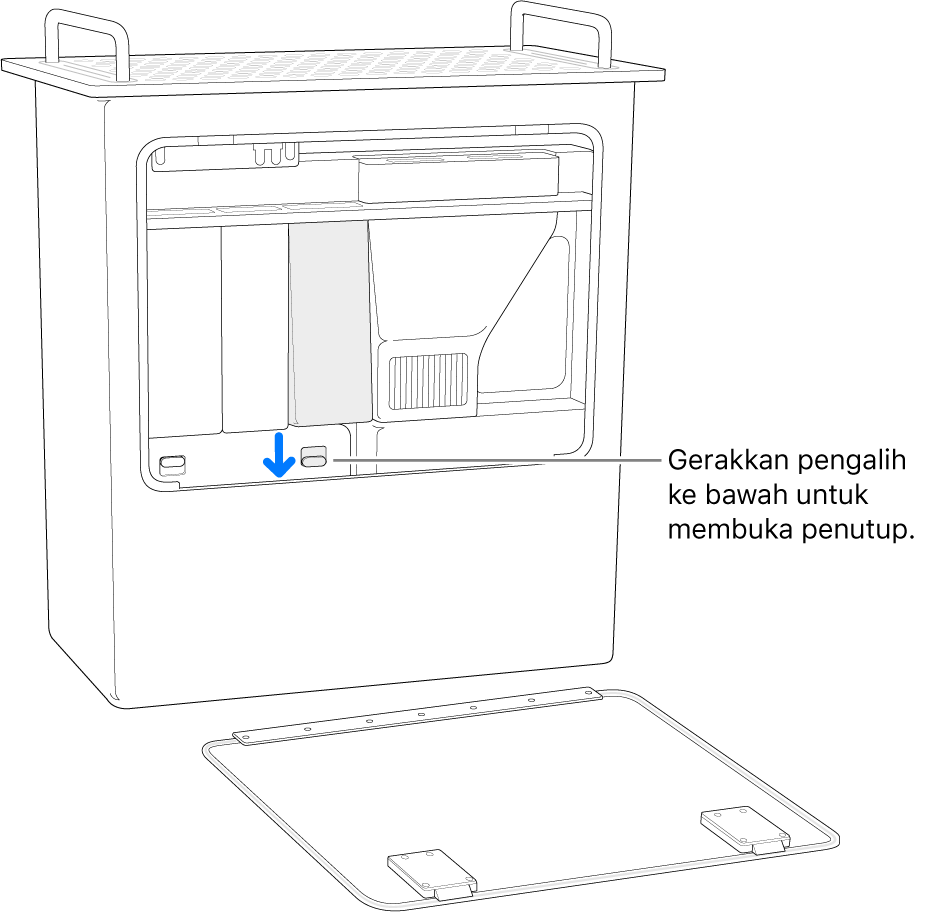 Mac Pro berdiri dengan bertumpu di bagian ujung, menyoroti pengalih yang membuka penutup DIMM.