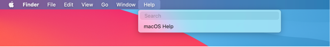 Daļējs darbvirsmas attēls ar atvērtu izvēlni Help, kurā redzamas opcijas Search un macOS Help.