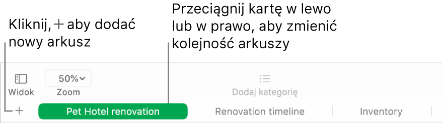Okno aplikacji Numbers z opisami przycisków dodawania nowego arkusza oraz zmiany kolejności arkuszy.