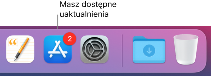Fragment Docka zawierający ikonę App Store z plakietką wskazującą na dostępność uaktualnień.