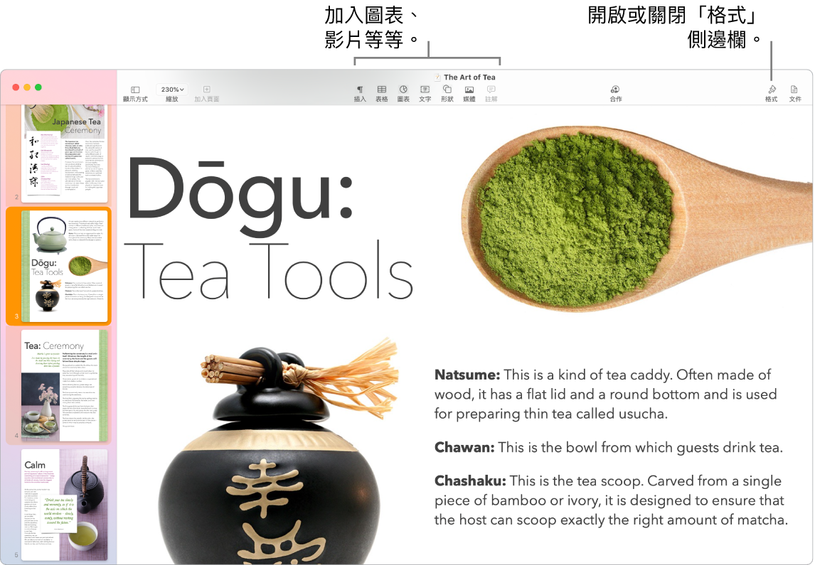 Pages 視窗顯示左側側邊欄中打開的頁面縮覽圖、最上方的工具列和編輯工具,「合作」按鈕(靠近右側最上方)以及「格式」和「文件」按鈕(位於右側)。