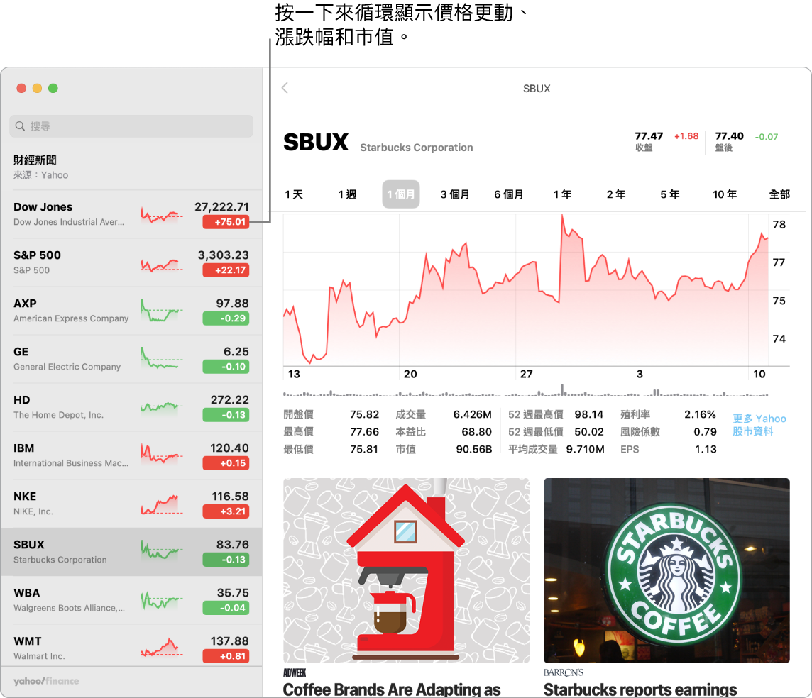 「股市」畫面,顯示有關所選股票的資訊和報導。