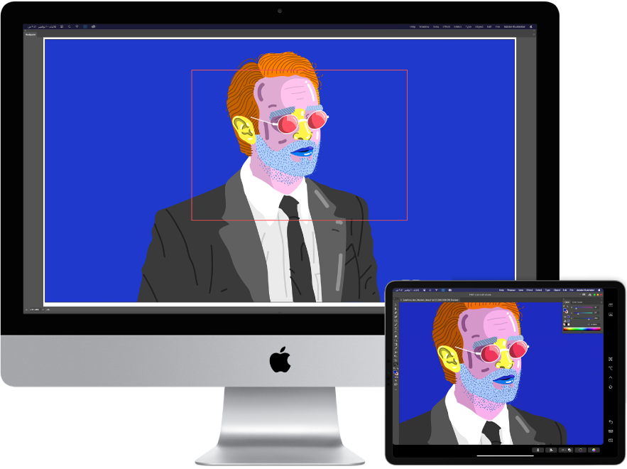 كمبيوتر iMac وجهاز iPad جنبًا إلى جنب. يعرض الـ iMac عملاً فنيًا داخل نافذة المتصفح في Illustrator. يعرض الـ iPad نفس العمل الفني في نافذة مستند في Illustrator، محاطًا بأشرطة أدوات.