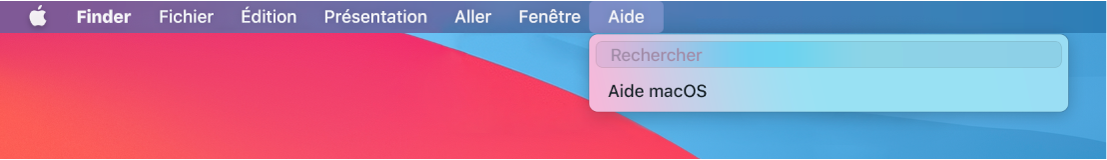 Un bureau partiel avec un menu Aide ouvert, affichant les options de menu pour Recherche et Aide macOS.