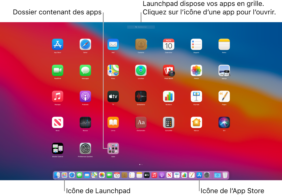 L’écran du Mac avec Launchpad ouvert, affichant un dossier d’apps dans Launchpad, et les icônes Launchpad et App Store dans le Dock.