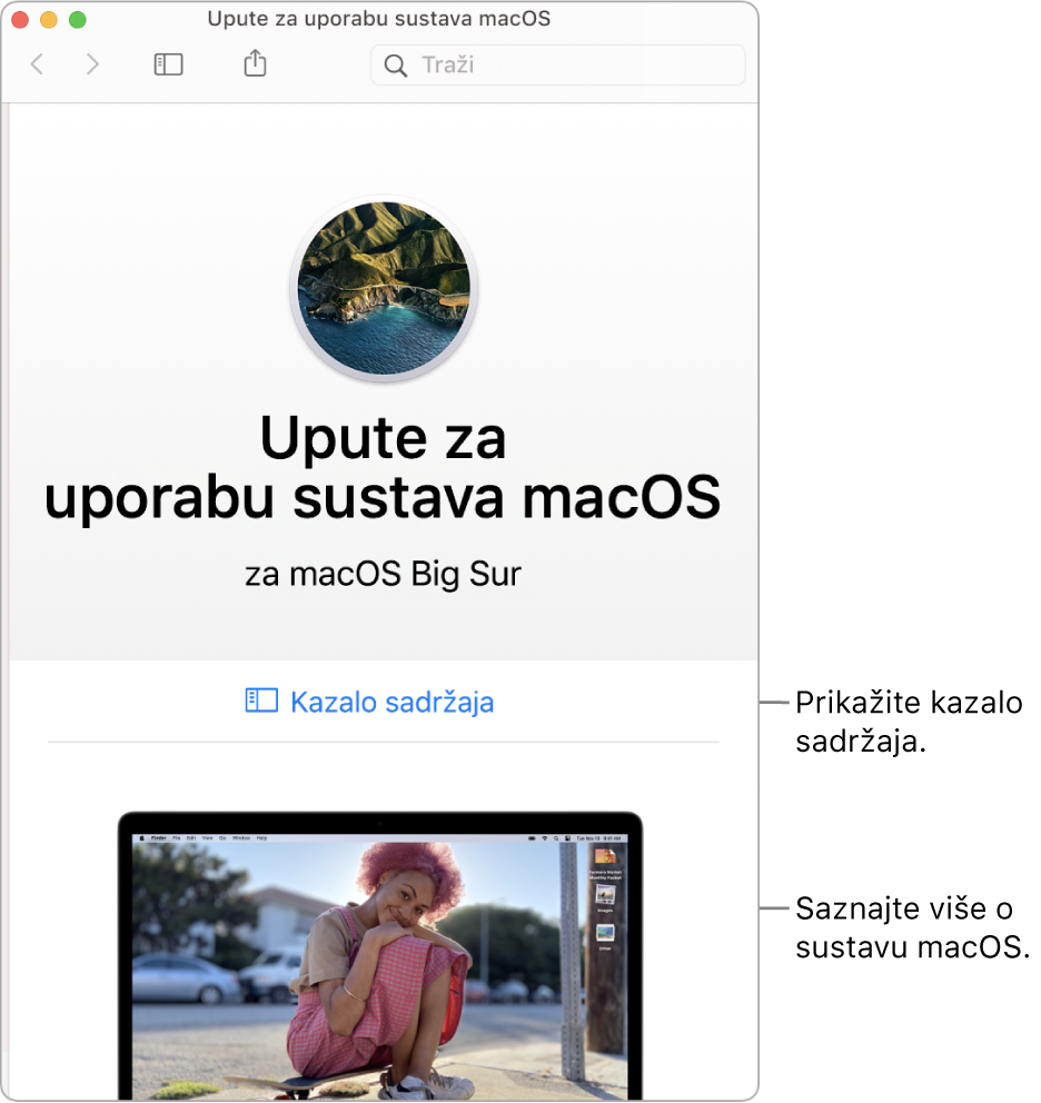 Stranica dobrodošlice za Upute za uporabu za macOS koja prikazuje link za Sadržaj.