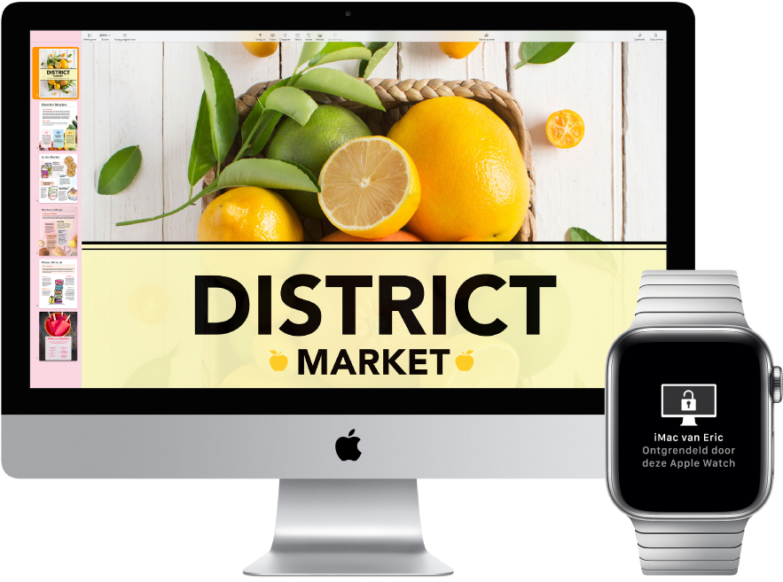 Een iMac naast een Apple Watch met een bericht dat de Mac door het horloge is ontgrendeld.