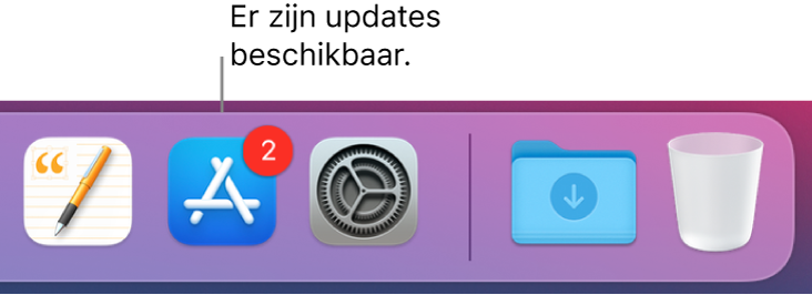 Een gedeelte van het Dock met daarin het App Store-symbool met een badge die aangeeft dat er updates beschikbaar zijn.