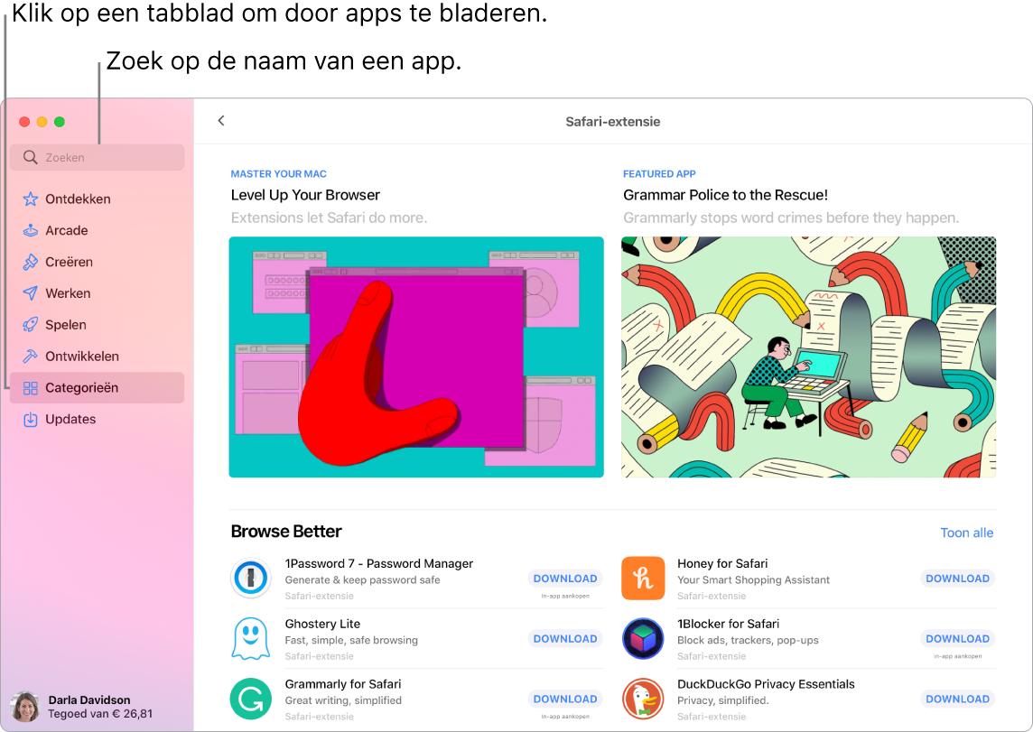 Het App Store-venster met het zoekveld en een pagina met Safari-extensies.