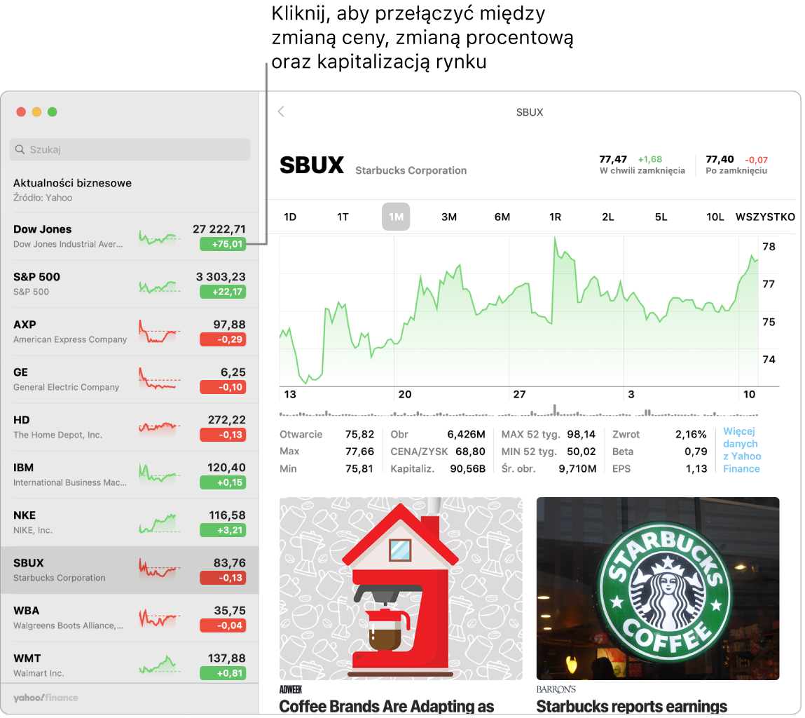 Ekran aplikacji Giełda wyświetlający informacje i publikacje dotyczące zaznaczonej spółki.