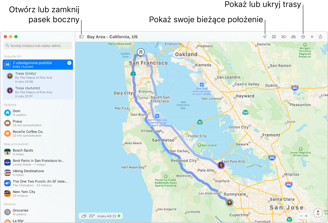 Okno aplikacji Mapy, przedstawiające sposób uzyskiwania wskazówek nawigacji przez kliknięcie w miejsce docelowe na pasku bocznym, sposób otwierania i zamykania paska bocznego oraz sposób znajdowania na mapie swojego bieżącego położenia.