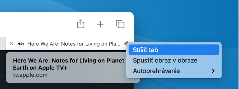Podmenu ikony Zvuk s položkami Stíšiť tab, Spustiť obraz v obraze a Autoprehrávanie.