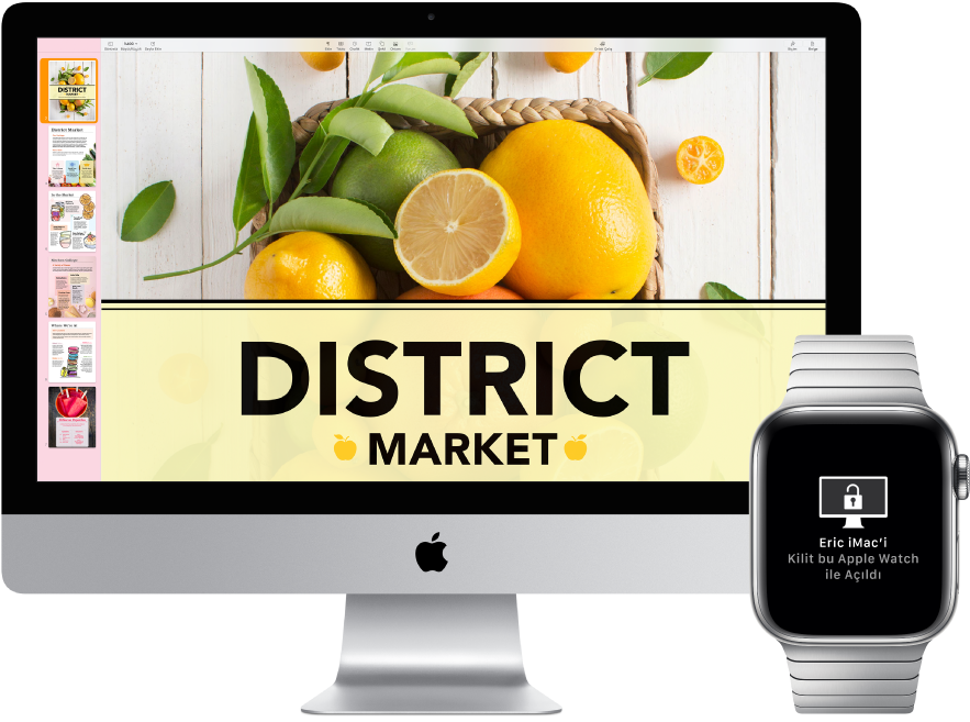 Mac’in kilidinin Apple Watch tarafından açıldığı iletisini görüntüleyen bir iMac ve yanında bir Apple Watch.