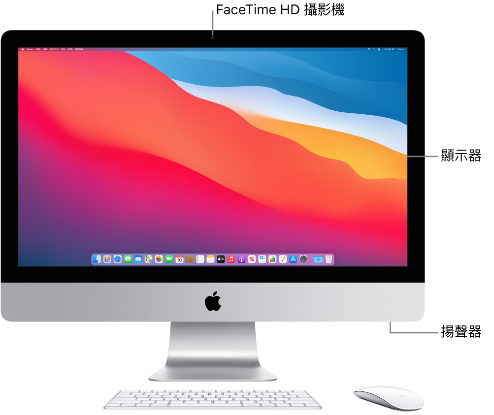 iMac 正面,顯示螢幕、相機和揚聲器。