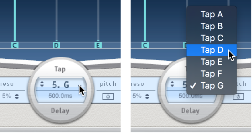 Nombre de línea de retardo y menú desplegable bajo la pantalla Tap de Delay Designer.