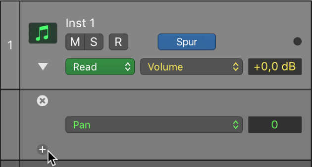 Abbildung. Zeiger weist auf das Plussymbol in einer Automationsunterspur