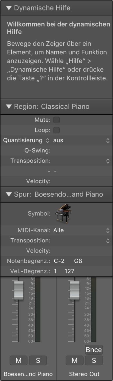 Abbildung. Das Informationsfenster mit dem Bereich „Dynamische Hilfe“, dem Informationsfenster „Region“, dem Informationsfenster „Spur“ und den Channel-Strips des Informationsfensters