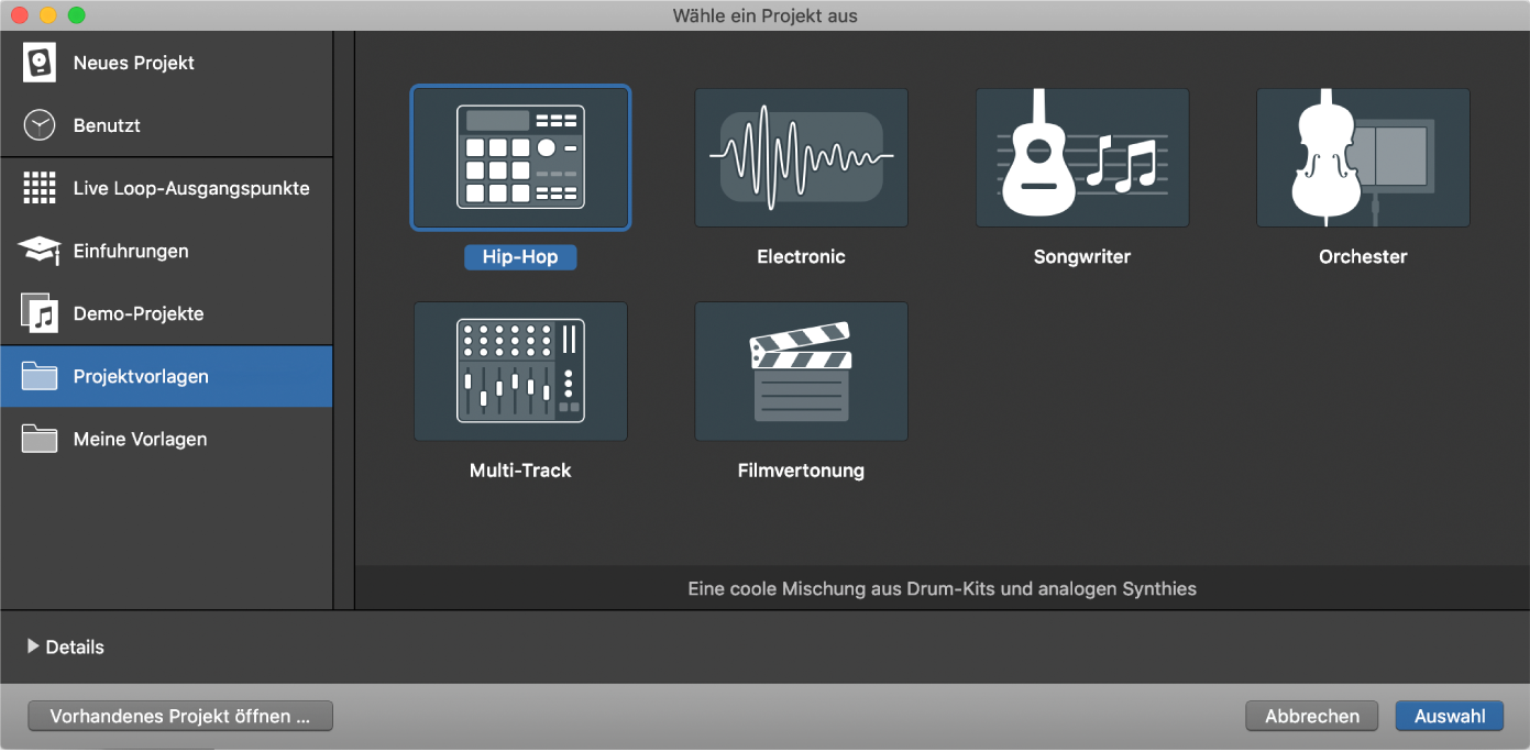 Abbildung. Projektauswahl mit ausgewählter Vorlage „Leeres Projekt“