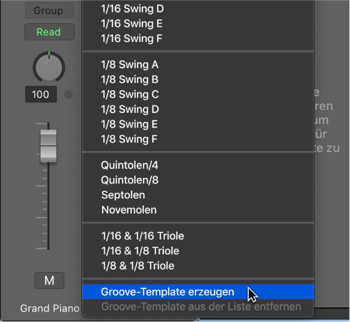 Abbildung. Im Einblendmenü „Quantisierung“ ausgewählter Befehl „Groove-Template erzeugen“