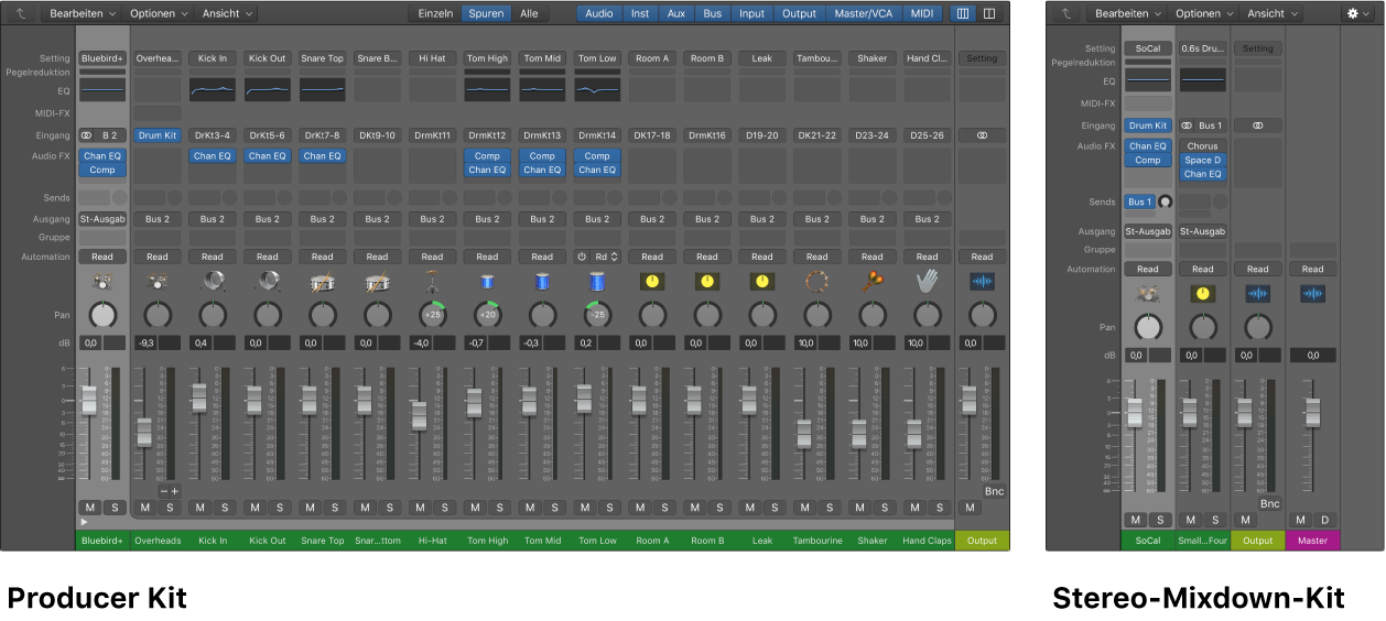 Abbildung. Nebeneinander angeordnete Mixer mit Anzeige eines Producer Kits und Stereo-Mixdown-Kits