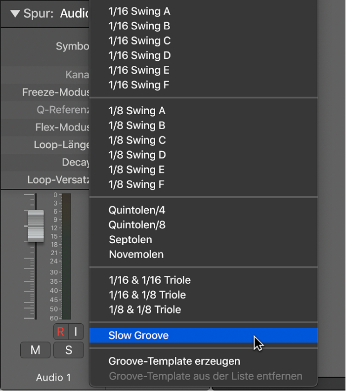 Abbildung. Im Einblendmenü „Quantisierung“ mit seinem Standardnamen angezeigtes und ausgewähltes Groove-Template