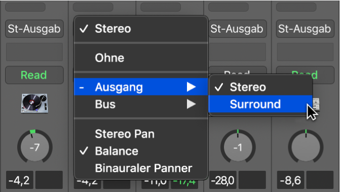 Abbildung. Auswahl von „Surround“ aus dem Einblendmenü „Ausgang“ des Channel-Strips