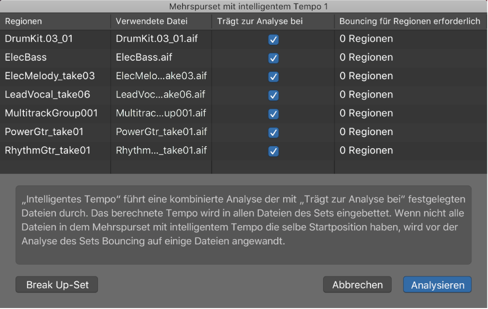 Abbildung. Das Fenster „Mehrspurset für Smart Tempo“ mit den im Mehrspurset verwendeten Audiodateien