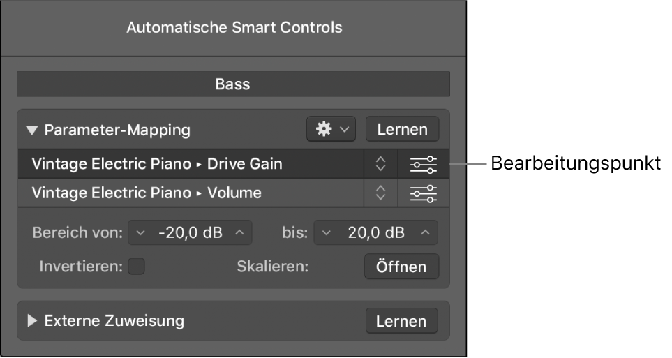 Abbildung. Bereich „Parameter-Mapping“ mit einem Mapping und dessen Steuerelement
